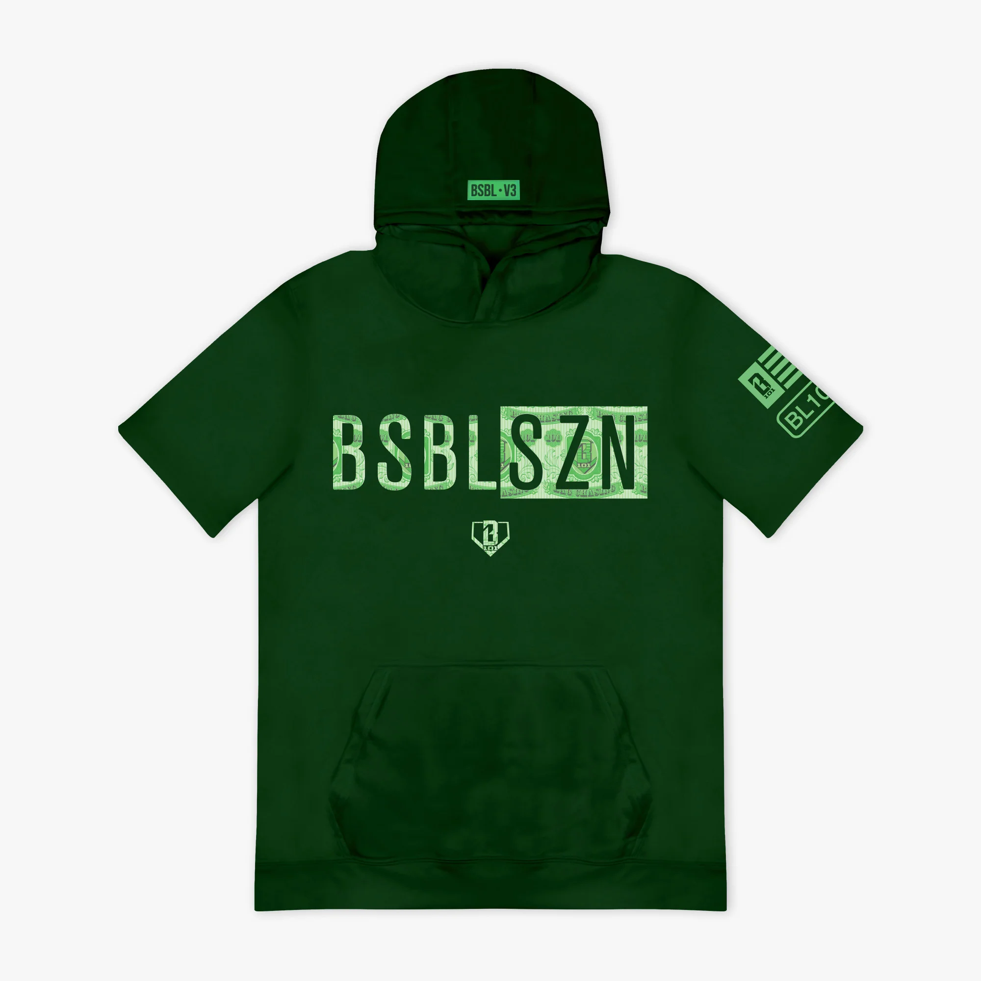 BSBL-SZN Youth Short Sleeve Hoodie V3 - Dark Green/Bag Chaser