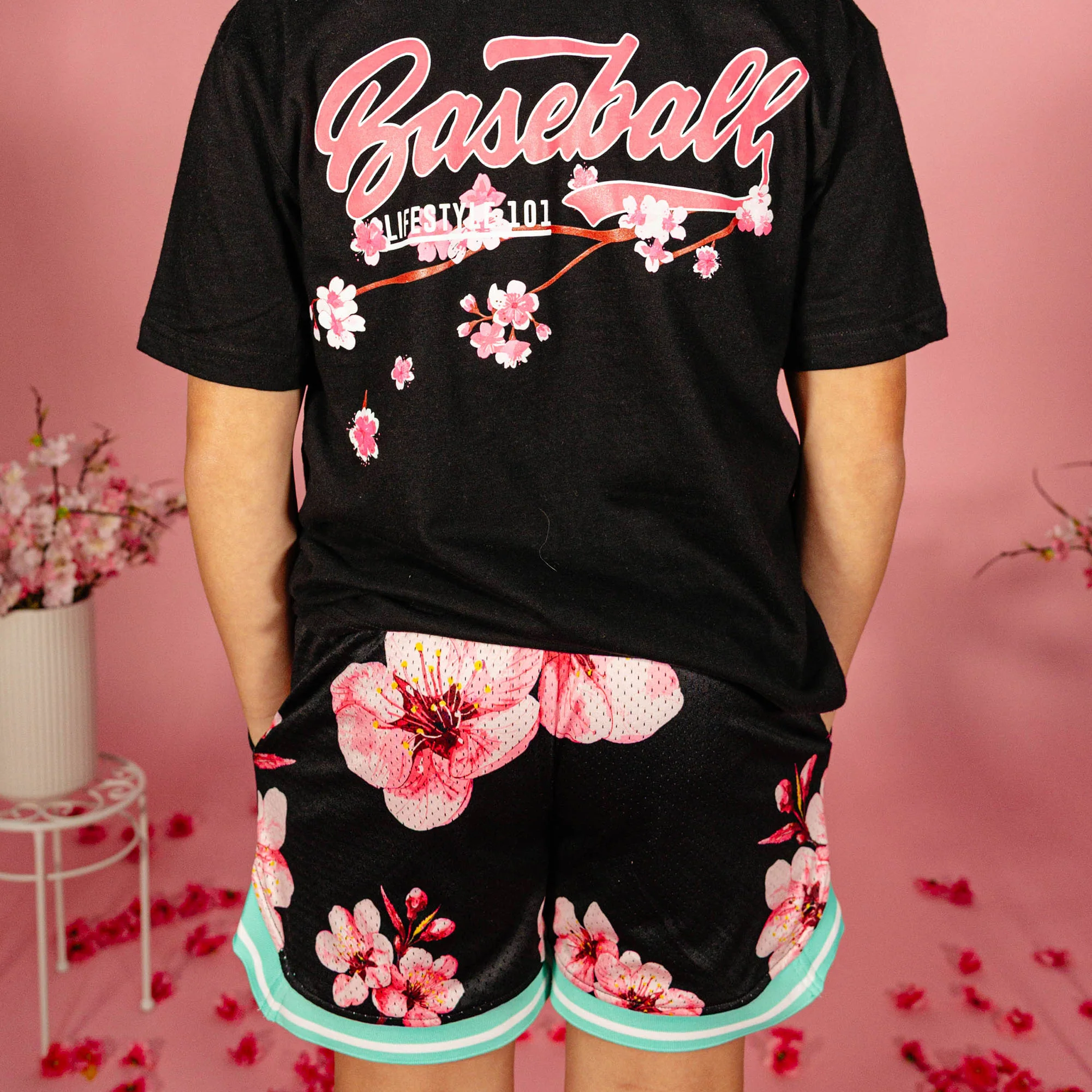 Cherry Blossoms Youth Court Shorts - Black - Image 4