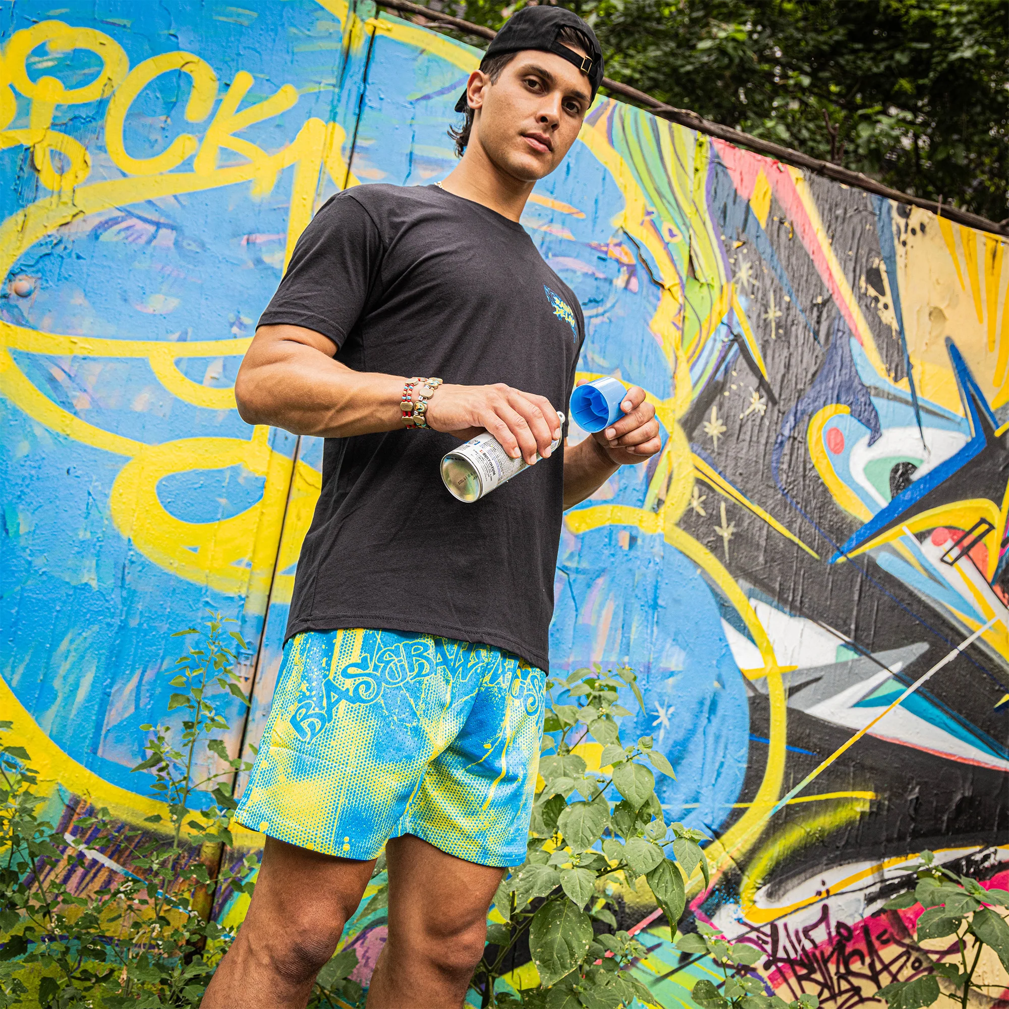 Retro Graffiti Shorts - Blue/Yellow - Image 4